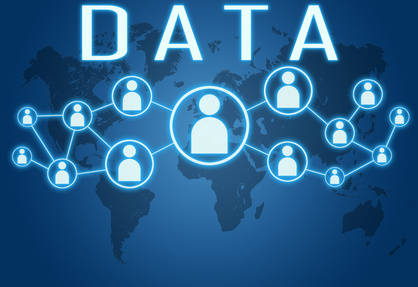 Data concept on blue background with world map and social icons.